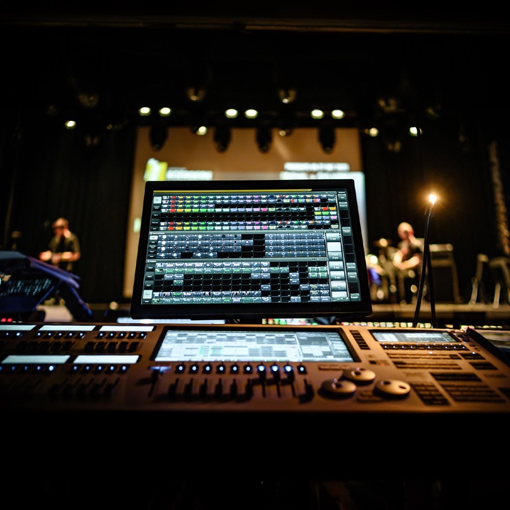 Sound system and stage equipment set up for a corporate event
