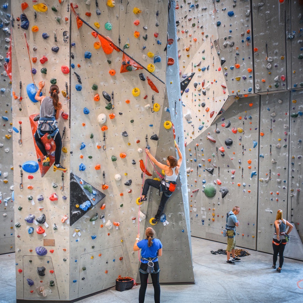 Colleagues scaling a colourful indoor climbing wall during a Traworld team-building session
