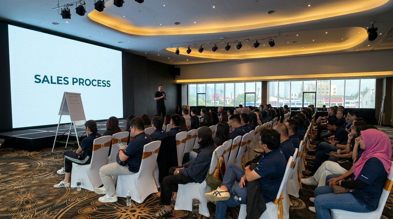 A facilitator leading a corporate training session in a Kuala Lumpur ballroom